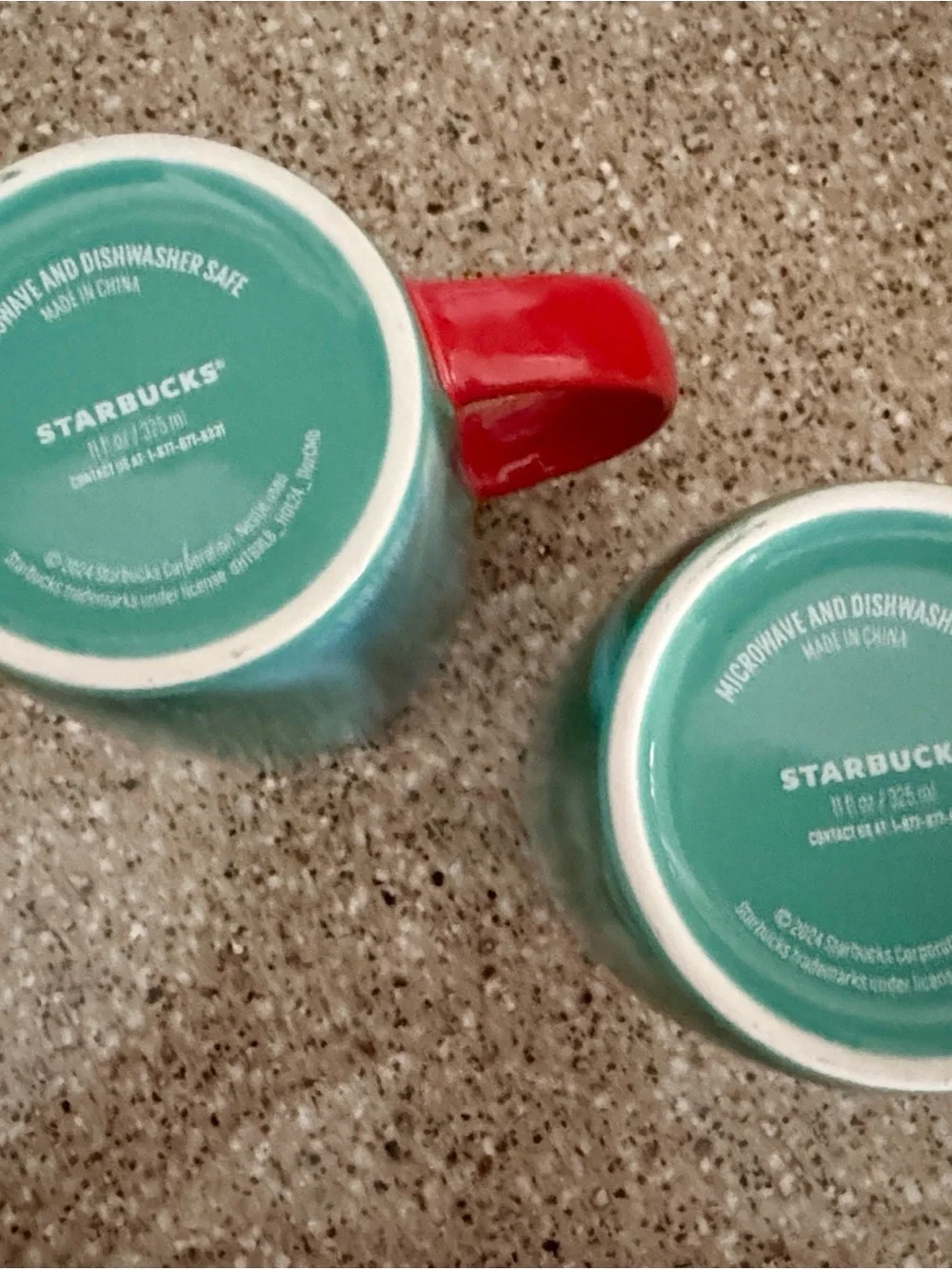 Starbucks 2024 Holiday Teal Green Marble Mugs with Red Handle - Set of 2 (11oz)